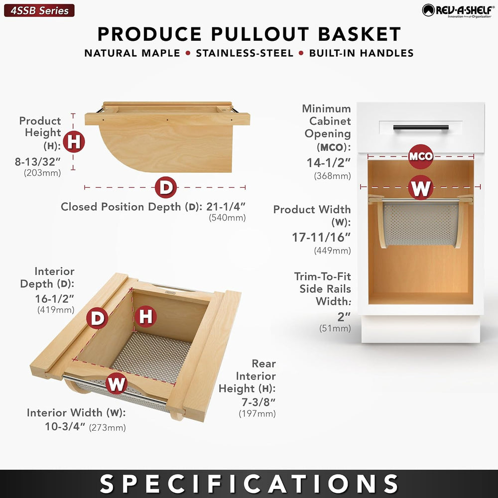 REV-A-SHELF Natural Maple/Stainless-Steel Produce Basket for 18” Base Cabinets