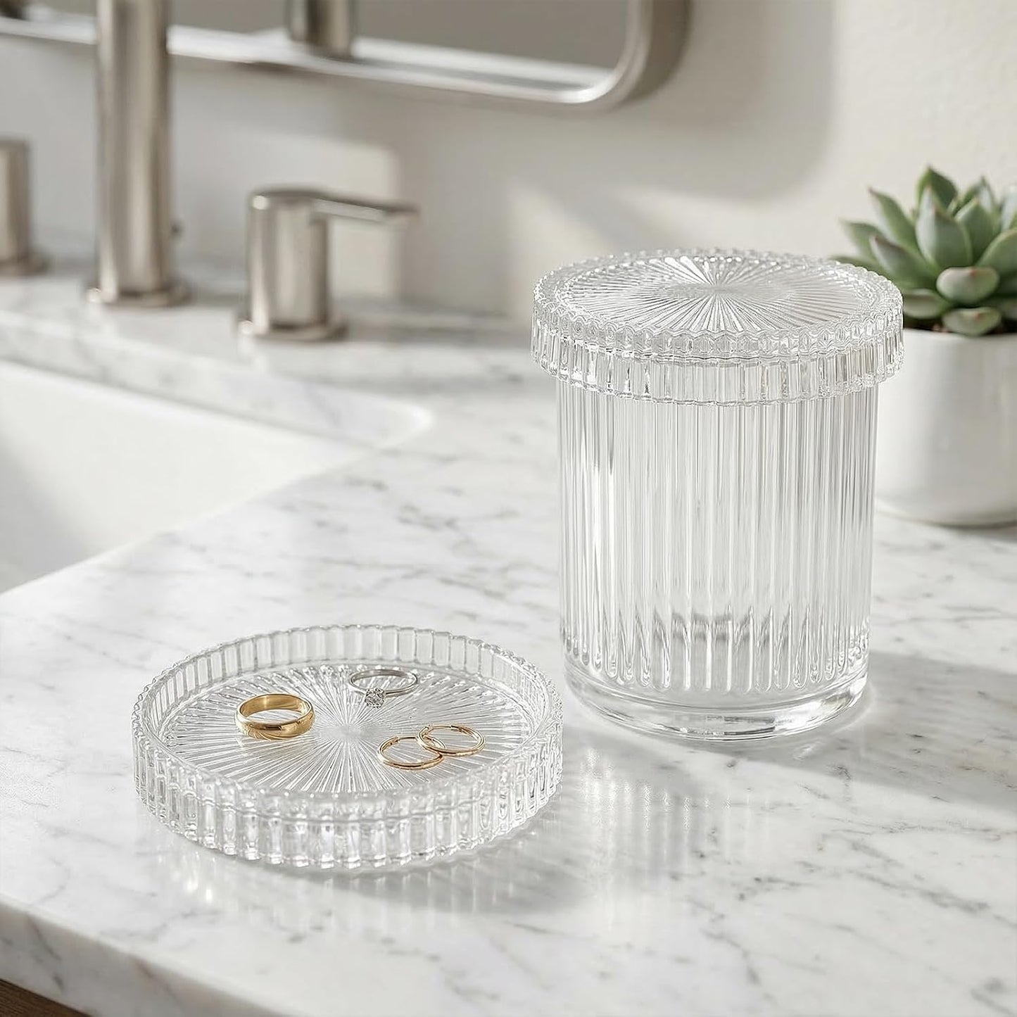 rejomiik 2 Pack Qtip Holder Glass Apothecary Jars with Lids, Ribbed Clear | Bathroom Canisters Vanity Organizer for Cotton Swabs, Balls, Pads, Floss Picks, Candy, Jewelry, Makeup Storage, Decor