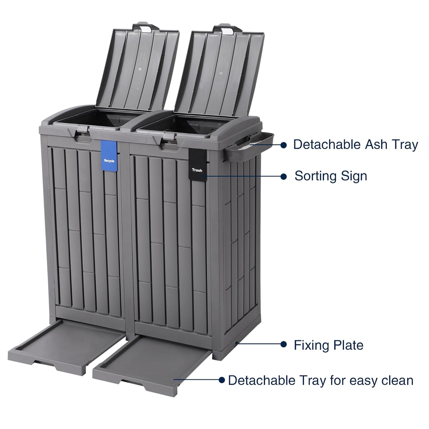 Ashfield & Harkness 62-Gallon Outdoor Trash Can with Ash Tray & Lid | Dual 31-gal compartments for trash & recycling, weather-resistant resin, anti-wind fixing accessories, sliding drip tray