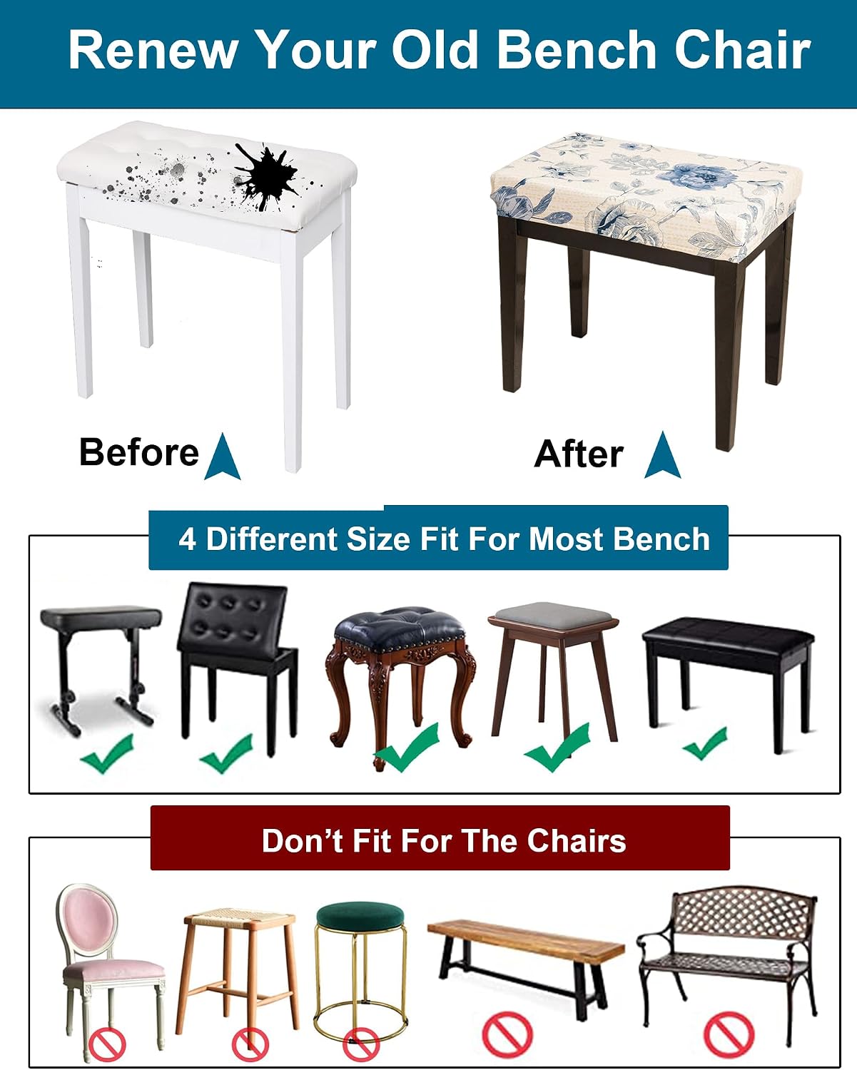 CRFATOP Waterproof Vanity Bench Cover, (15"-19.5") L x (12"- 15.7") W Jacquard Rectangle Saddle Seat Slipcover Stretch Saddle Bar Stool Covers for Kitchen Island Chairs Cushion Protector (XS,11)