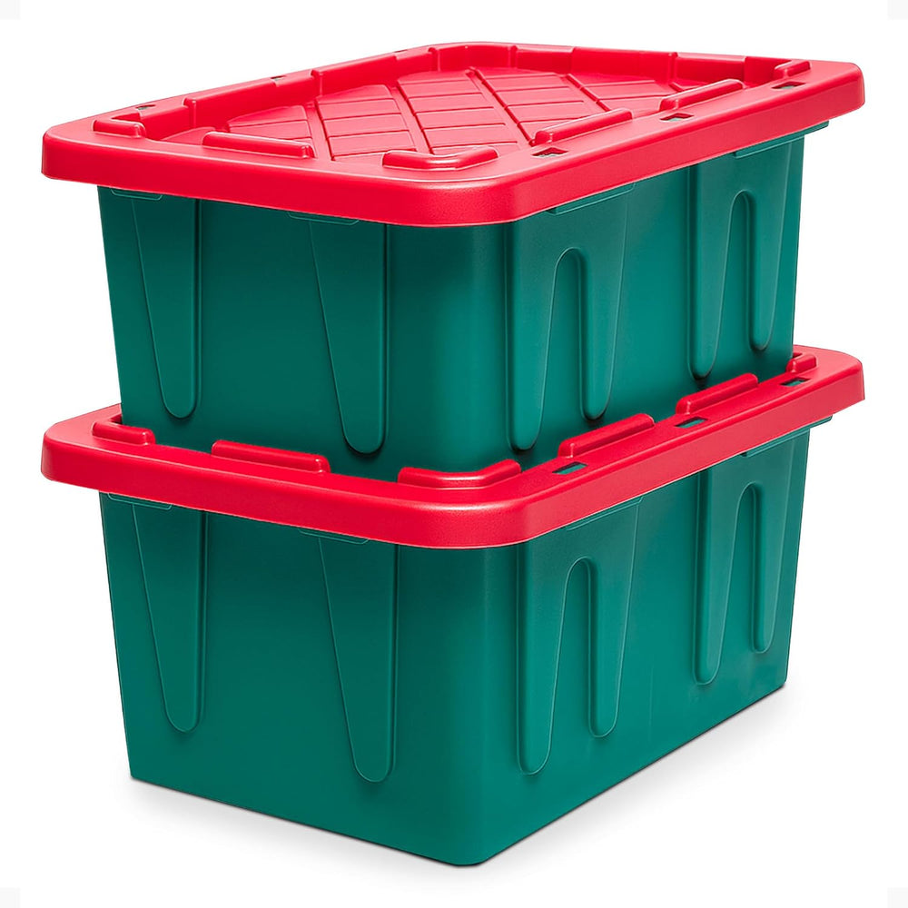 HOMZ Durabilt Plastic Storage Bins with Lids, 15 Gal, Red/Green, 2 Pack