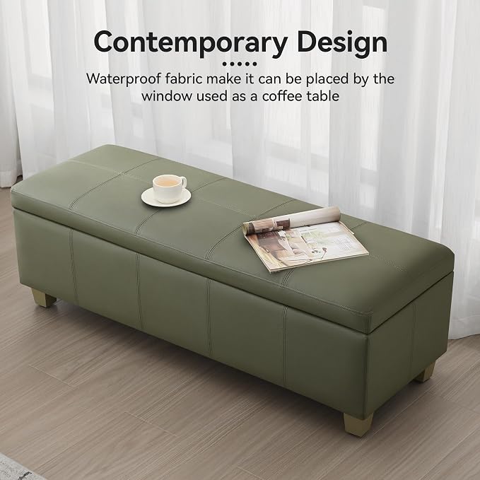 51" Faux Leather Storage Ottoman, Stitch Tufted Rectangle Upholstered End of - Image 7