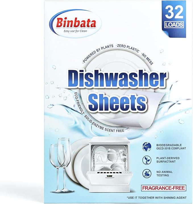 Upgraded Eco Dishwasher Detergent Sheets Up To 32 Loads, Unscented Plastic Free by Binbata
