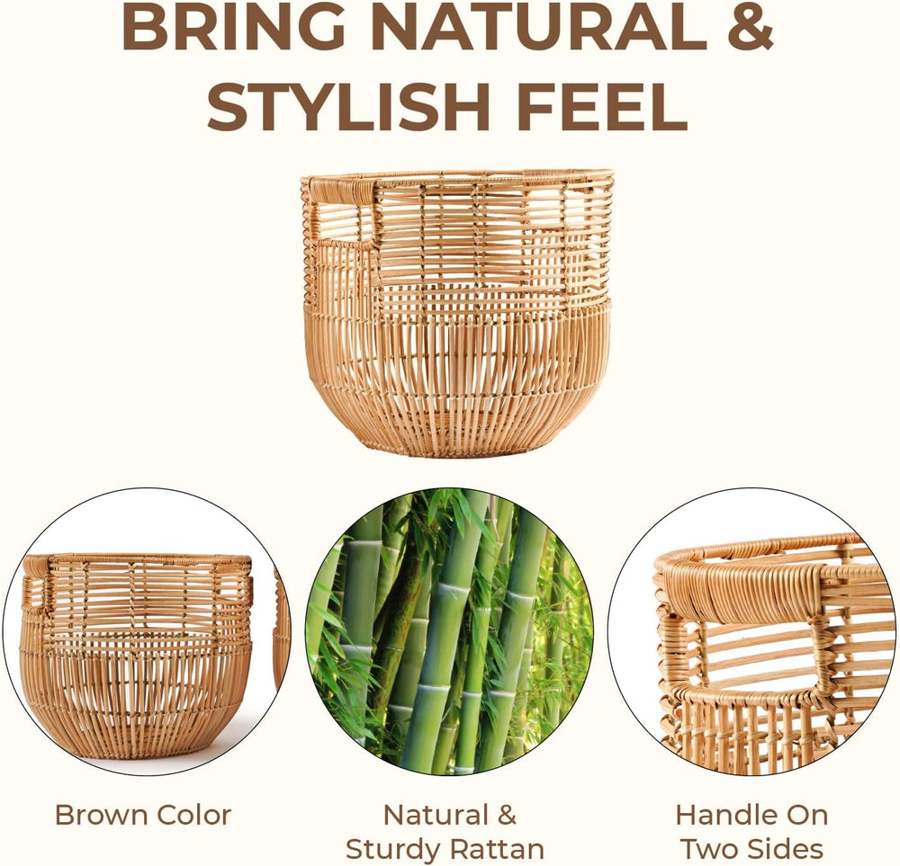 Set Of 2 Large Woven Blanket Baskets With Handles | Round Wicker Rattan Stora...