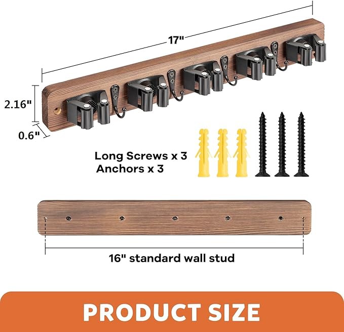 IMILLET Broom Holder Wall Mount, Rustic Wood Broom Hanger - Image 5