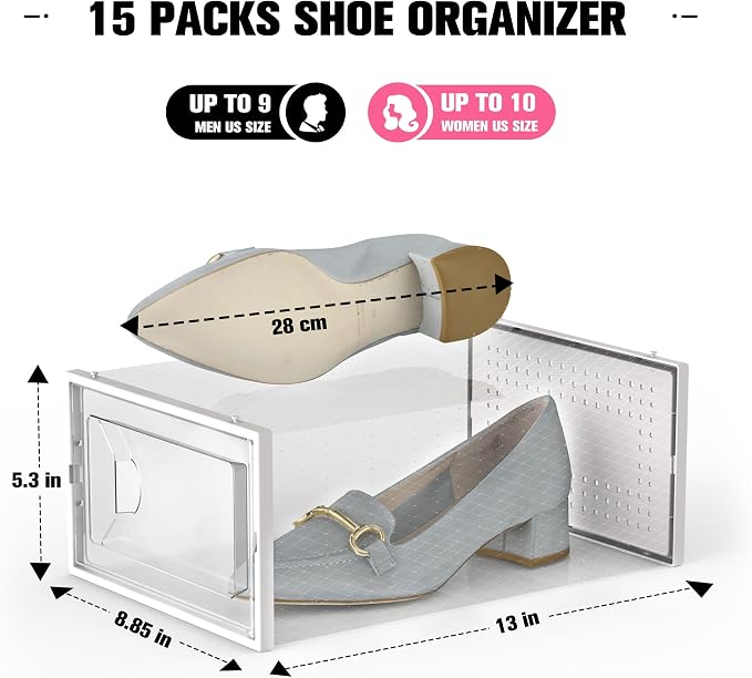 Kuject 15 Pack Shoe Storage Boxes, Large Clear Plastic Stackable Shoe Organizer - Image 4