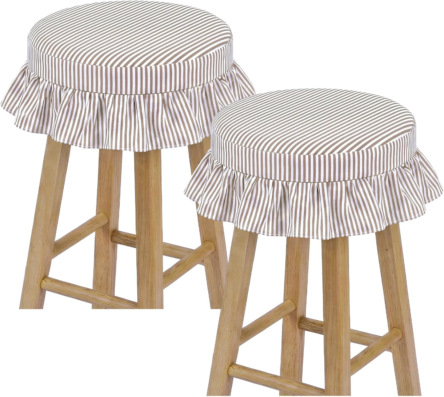 2 Pcs Bar Stool Covers with Ruffles 12 Inch Round Stool Cover with Elastic Band Pad Farmhouse Seat Slipcover Nonslip and Washable(Beige,Stripes)