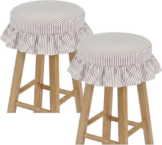 2 Pcs Bar Stool Covers with Ruffles 12 Inch Round Stool Cover with Elastic Band Pad Farmhouse Seat Slipcover Nonslip and Washable(Beige,Stripes)