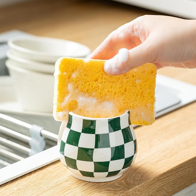 Kitchen Sponge Holder, Ceramic Sponge Organizer Checkered Scrubby Holder Sink - Image 5