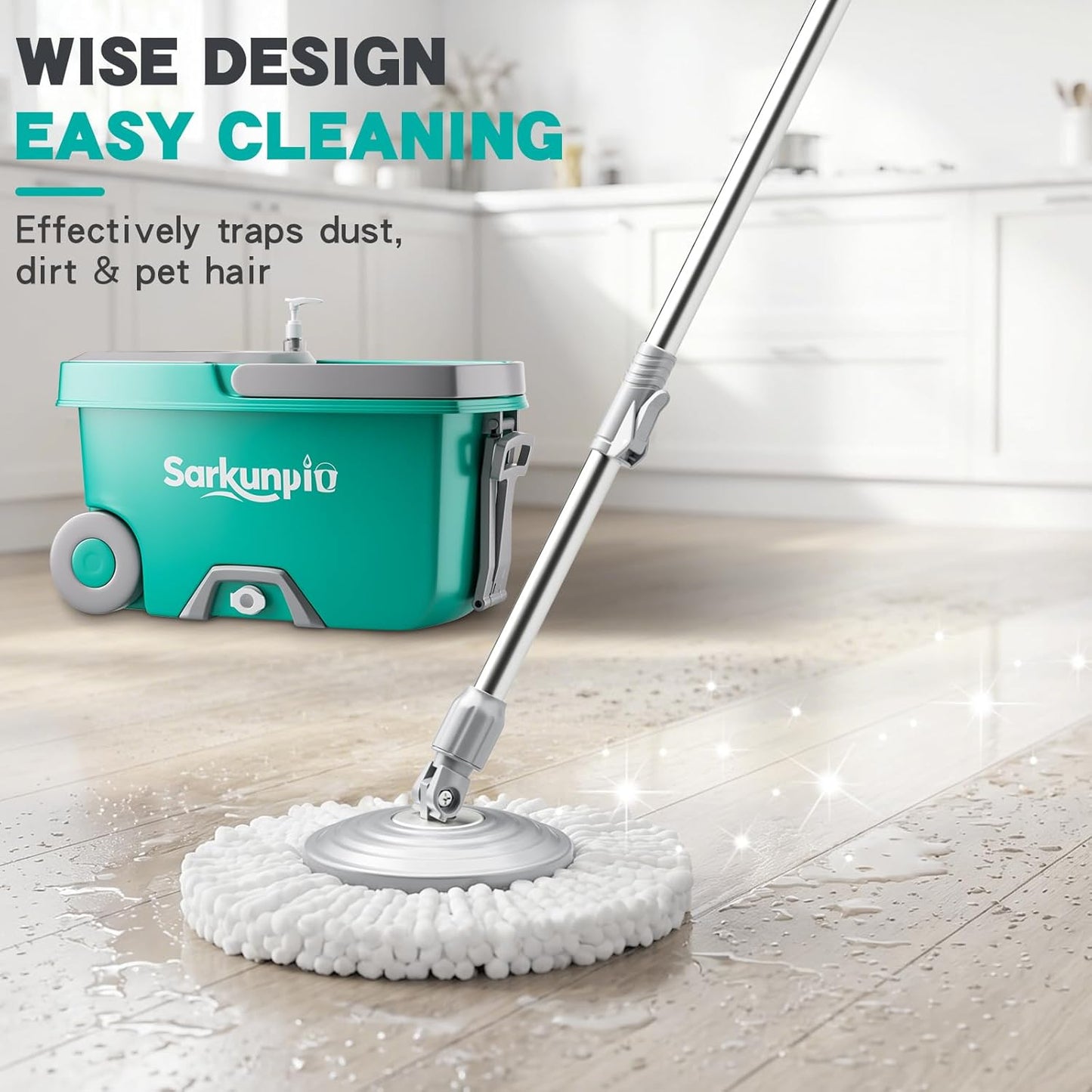 Mop and Bucket Set with Wringer, Spin Mop Floor Cleaning System with 6 Replacement Microfiber Heads & 61" Extra-Long Handle for Home Floor, Blue