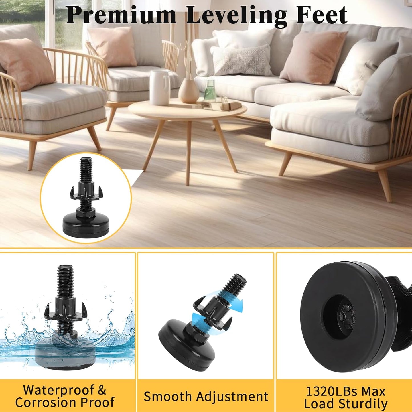 60 Pcs Adjustable Leveling Feet with T-Nut Kit, 3/8”-16 Thread Furniture Levelers, Metal Adjustable Feet, Heavy Duty Legs Height Adjuster for Table, Chair, Desk, Cabinets, Sofa(Black)