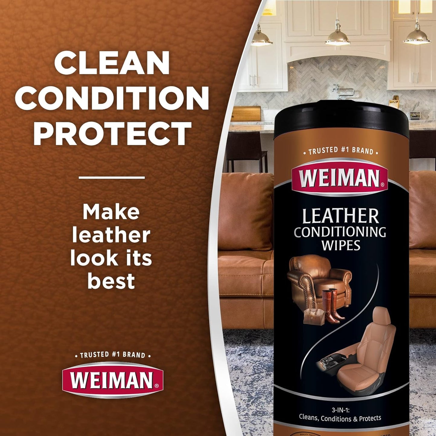 Weiman Leather Wipes - 3 Pack - Clean, Condition, Ultra Violet Protection Help Prevent Cracking or Fading of Leather Furniture, Car Seats and Interior, Shoes