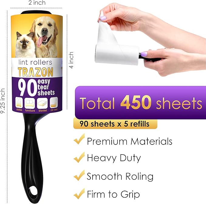 Lint Rollers Value Pack of 450 Sheets / 5 Refills, Sticky Roller, Lint Remover - Image 2