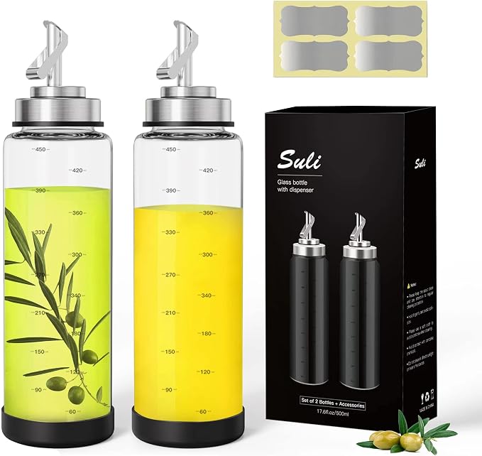 Suli Glass Olive Oil Dispenser Bottle -2 Pack17oz Oil and Vinegar Cruet Set by Suli