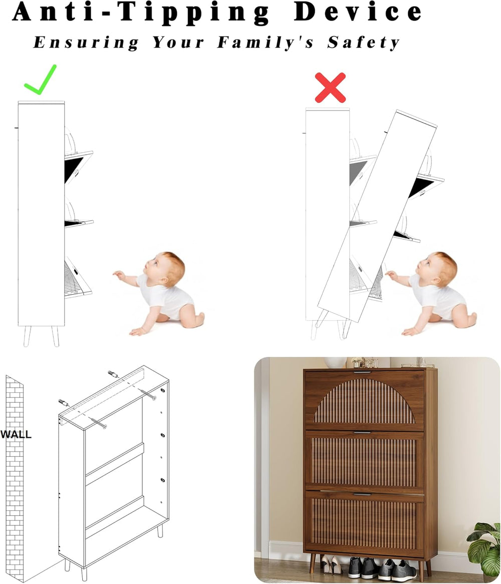 Shoe Storage Cabinet with 3 Flip Drawers, Narrow Wood Shoe Organizer Cabinet ...