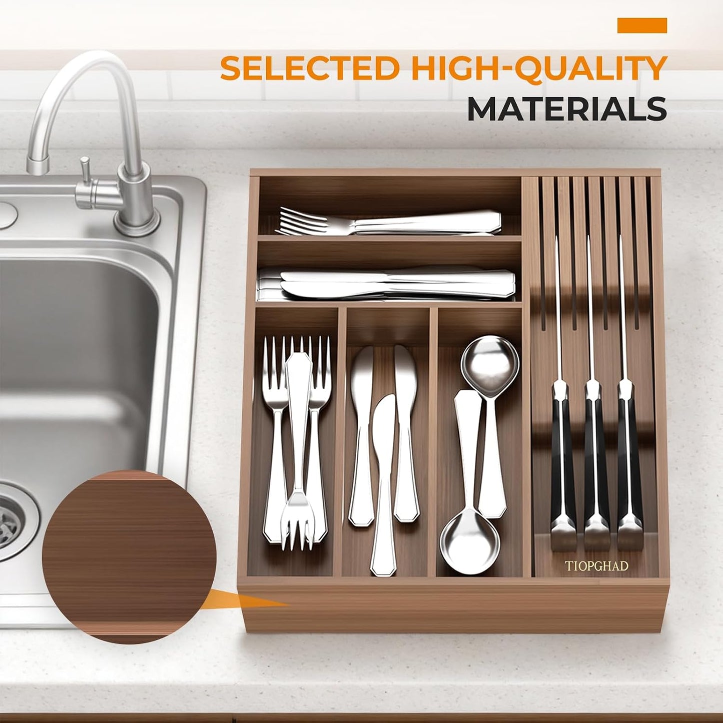 Small Bamboo Silverware Organizer Kitchen Utensil Tray, Brown | Removable Knife Block, Holds 7 Knives, Adjustable Dividers, 15.6 x 12 x 1.8 in, Drawer Insert for Utensils, Forks