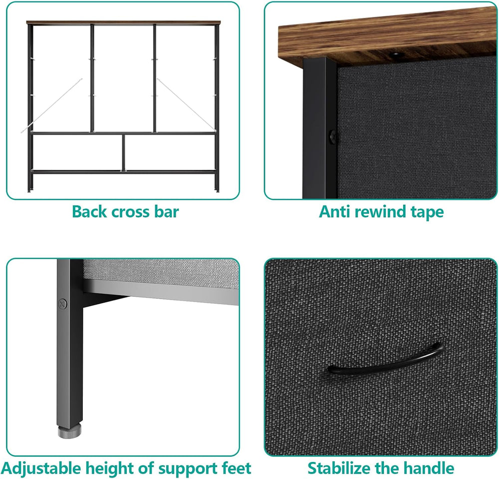 VASICAR Wide TV Stand for Bedroom, Black Dresser with 9 Deep Drawers