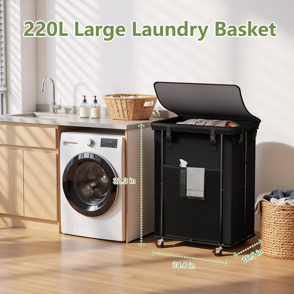Laundry Hamper with Wheels and Lid, 200L Large Rolling Laundry Basket Black