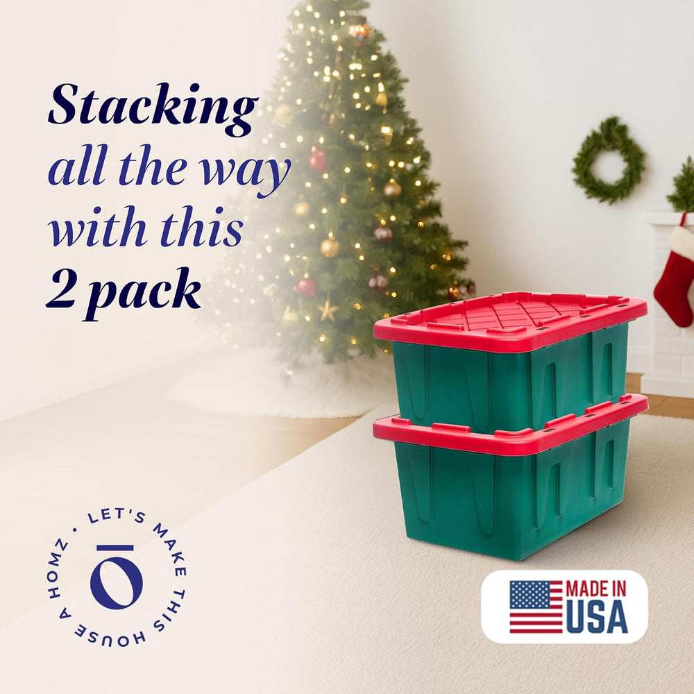 HOMZ Durabilt Plastic Storage Bins with Lids, 15 Gal, Red/Green, 2 Pack