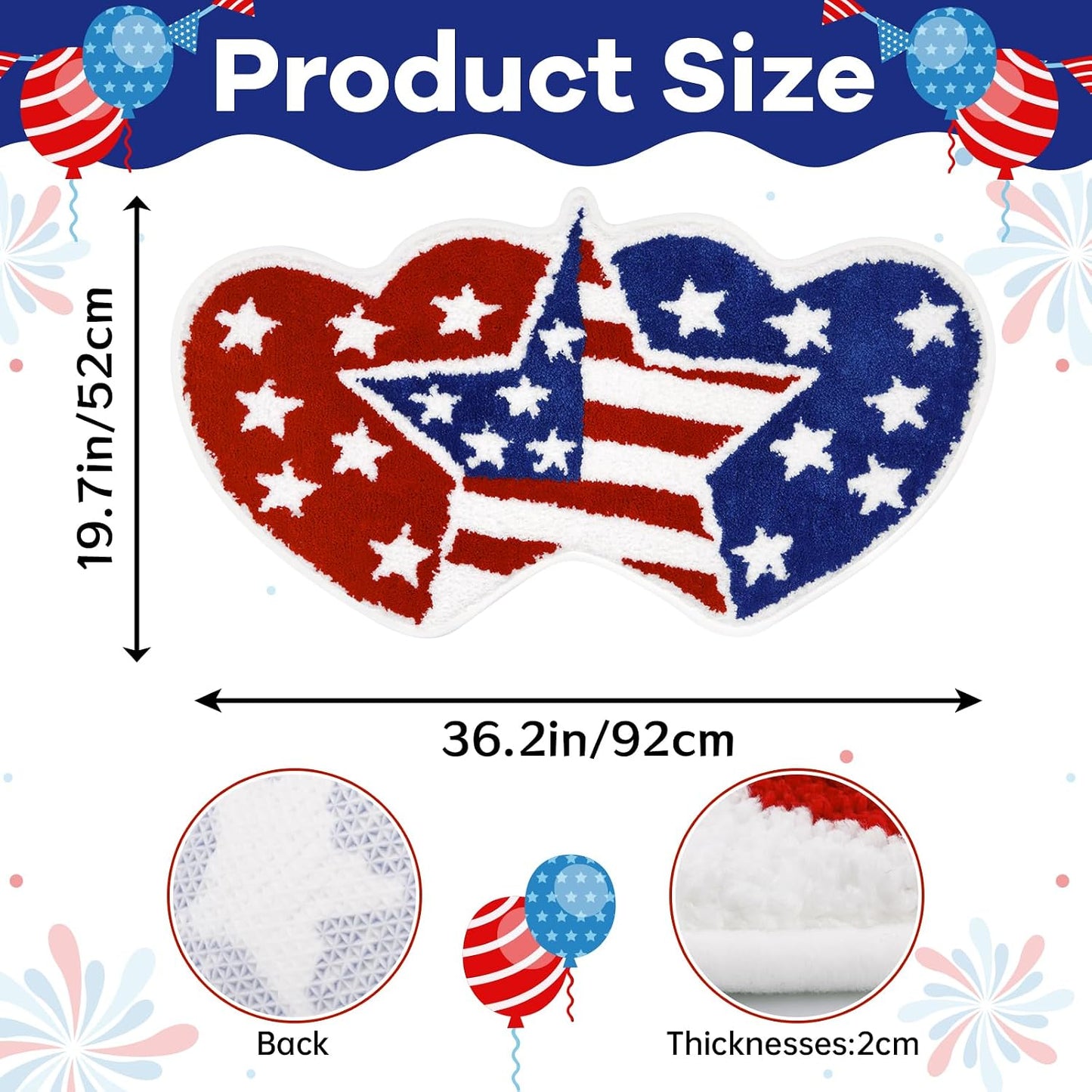 Independence Day Bathroom Rug 35x20 Inch,American Flag Stars Bath Mat with Blue Red Hearts Design, 4th of July Non-Slip Absorbent Bath Rug for Patriotic Bathroom Decor