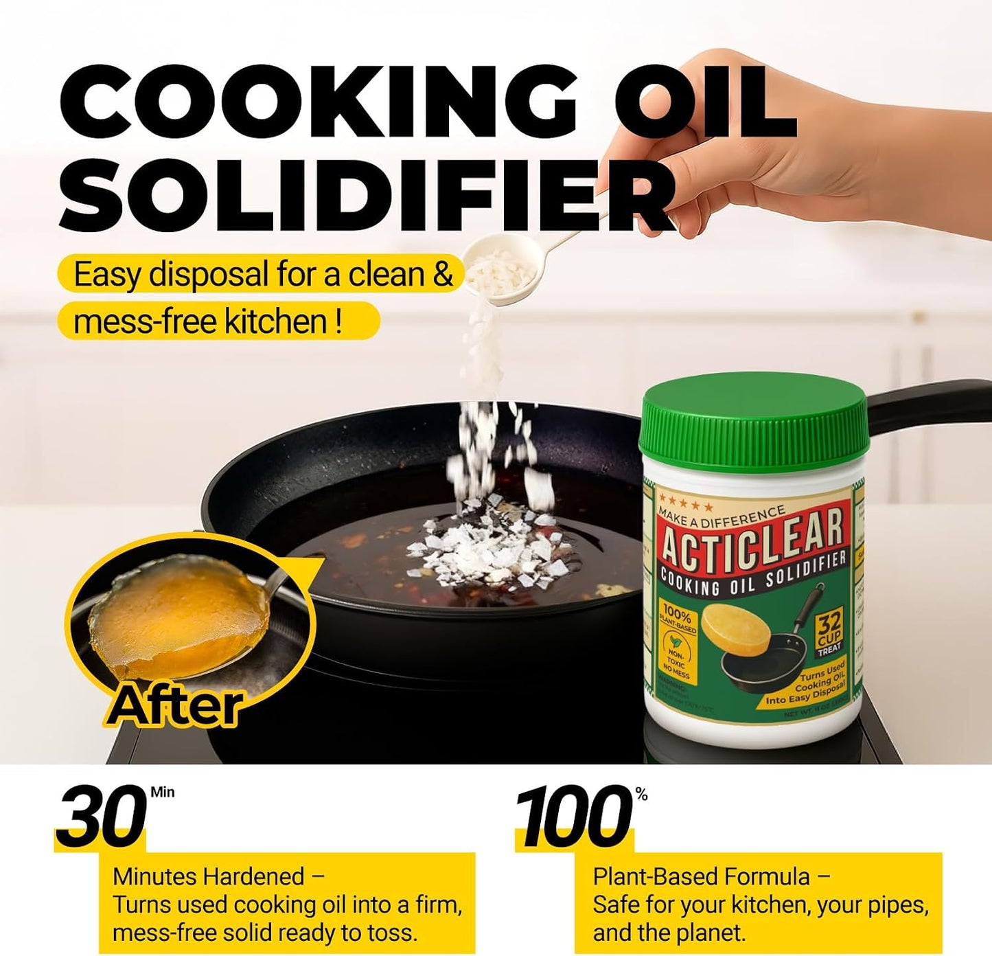 Cooking Oil Solidifier - 11oz (32 Cups) Algae-Based Grease Hardener for Easy Disposal, Turns Used Cooking Oils to Solid Waste, Kitchen Fry Oil Solution (2.2 Gallons)