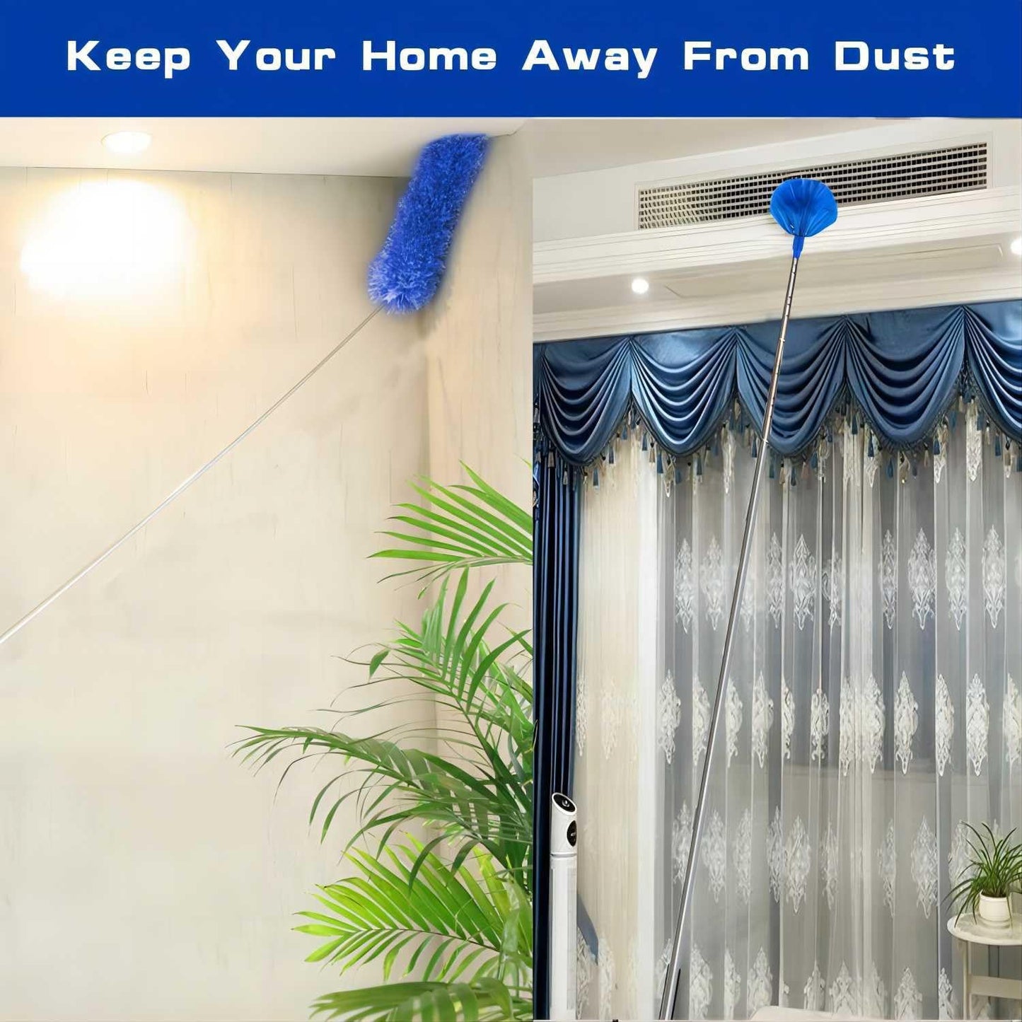 Buysenton Cobweb Duster with Extension Pole, Washable Cleaning Duster Kit with 3 Duster Heads, Cobweb Duster, Corner Brush, 15-100 Inch Long Aluminum Telescoping Pole for Ceiling Fan (Blue)