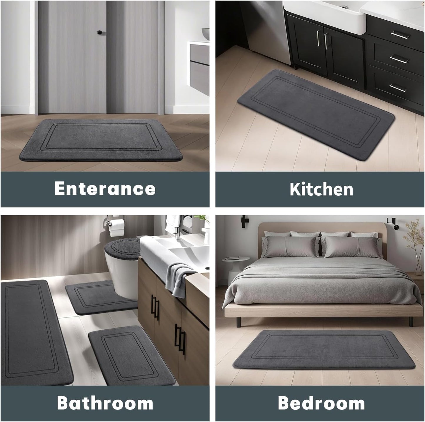 YIHOUSE Memory Foam Bath Mat Set, Non Slip Bath Mats for Bathroom, Super Soft and Water Absorbent Bath Rug Set, Machine Washable U Shape Toilet Mats, Dark Grey