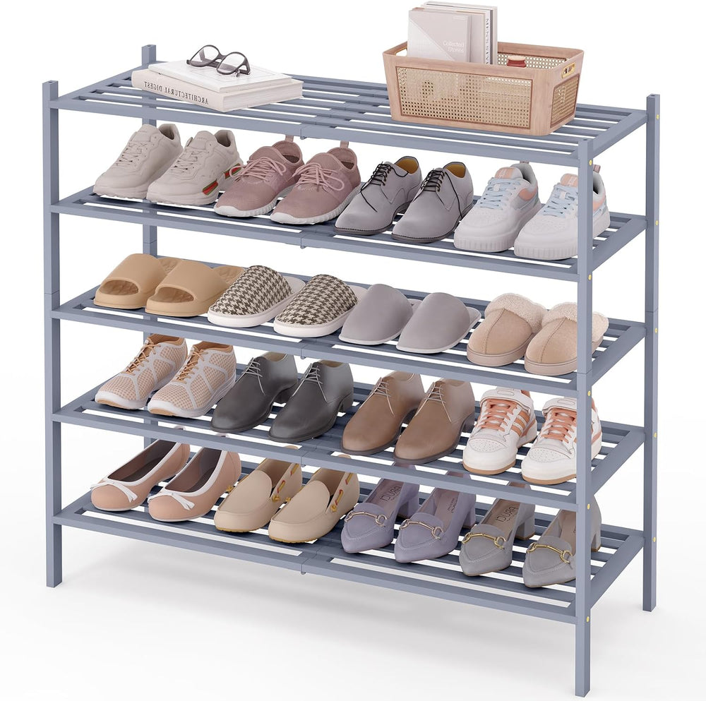 Smiry Bamboo Shoe Rack, 5 Horizontal Slats, 5 Tier - 33.9" Wide, Grey