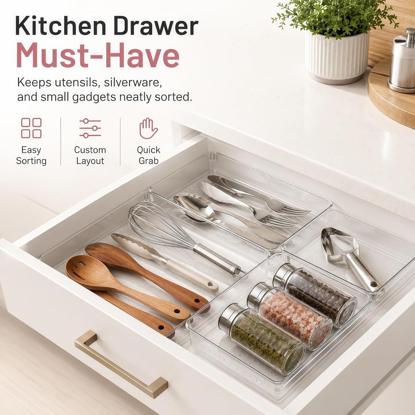 Drawer Organizer, 10 Pack Large Clear Plastic Organizer Bins 5 Sizes, Versatile Bathroom Drawer Trays, Heavy Duty Non‑Slip Drawer Dividers for Makeup, Office & Kitchen Utensils