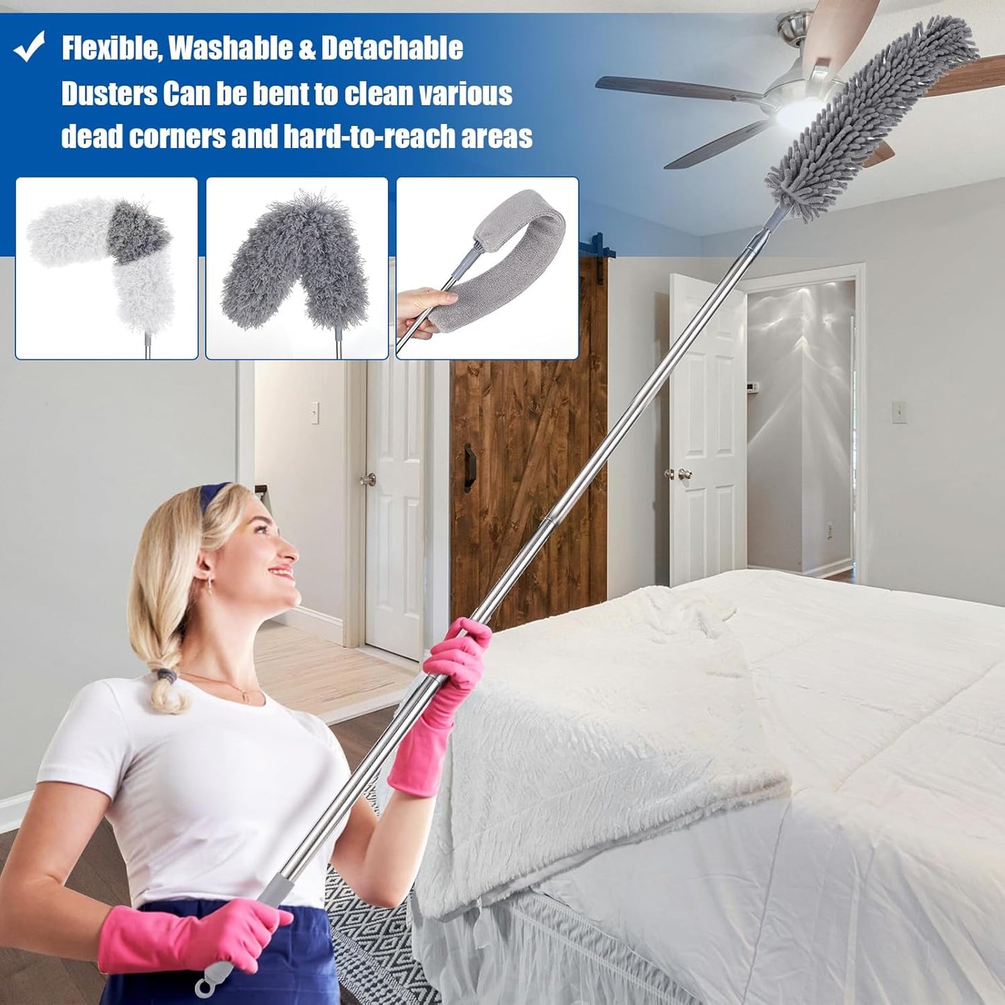 9PCS Dusters for Cleaning,Extendable Microfiber Duster with Extension Pole Up to 100'',Bendable Washable and Reusable Dusters Kit for Ceiling Fans, High Ceilings,Blinds,Furniture and Cars