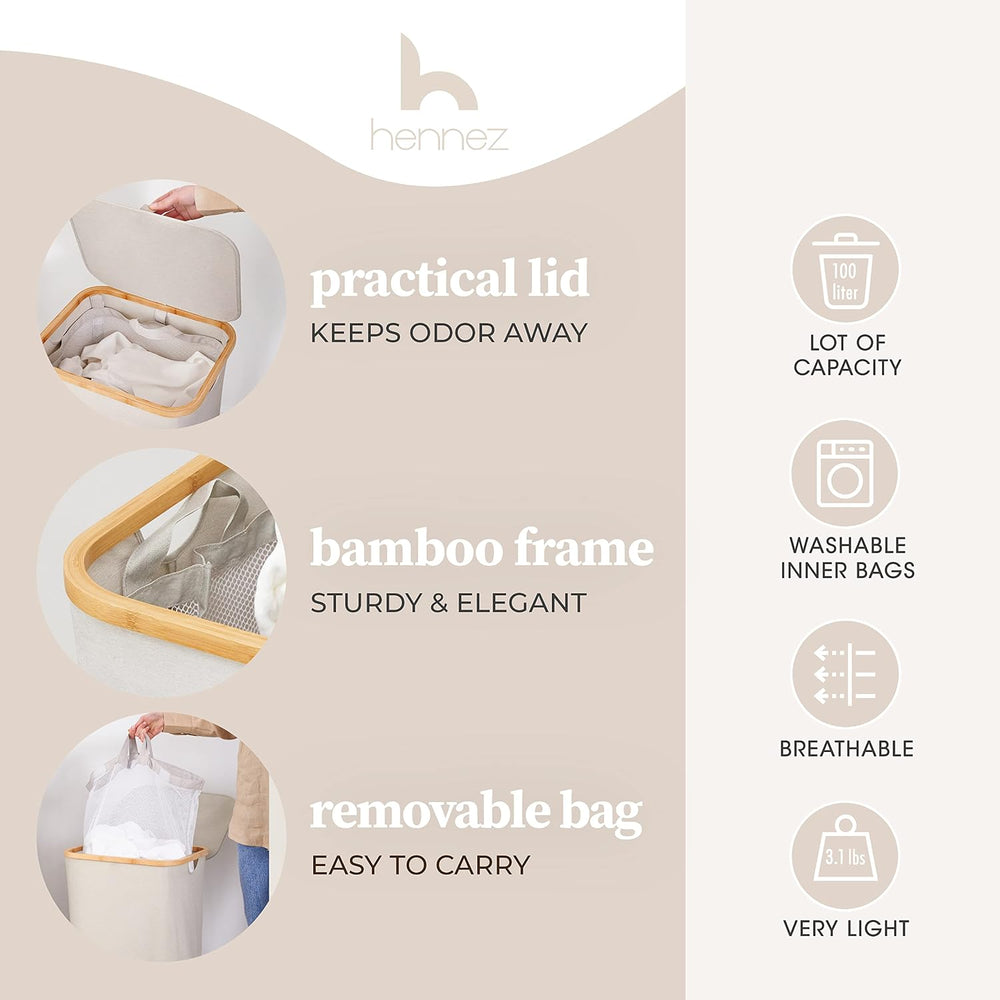 HENNEZ Laundry Hamper With Lid - 100L - Thick Fabric 220gsm - Dirty Clothes H...