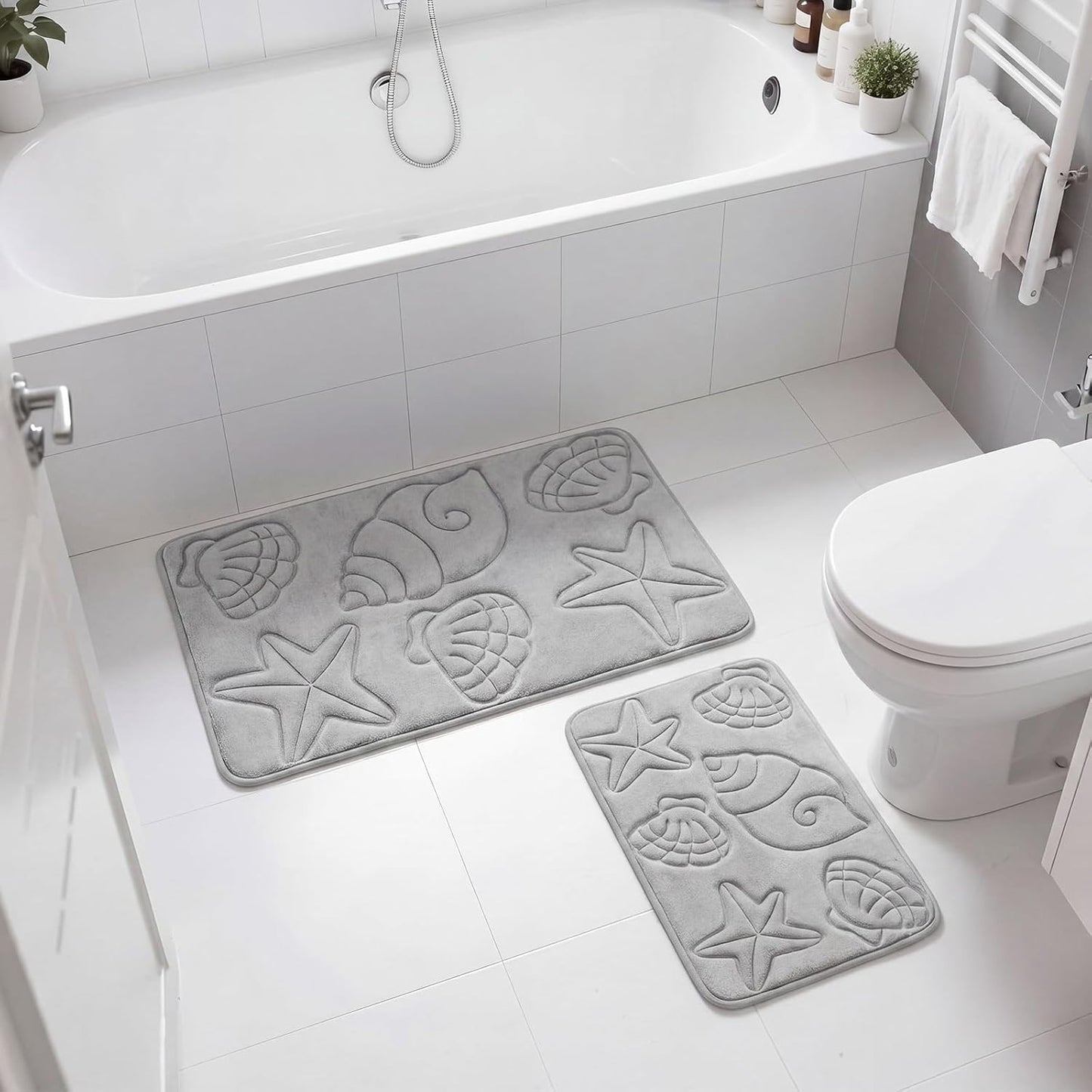 Tinideya Set of 2 Memory Foam Shell Starfish Bath Rugs Sets Ocean Beach Bathroom Mat Soft Absorbent Non Slip Floor Carpet for Coastal Bedroom Living Room Kitchen Entryway Indoor Decorations
