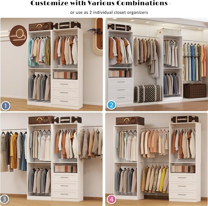 Closet System with 2 Sets, 4FT Closet Organizer Systems with 3 Wooden Drawers & - Image 6