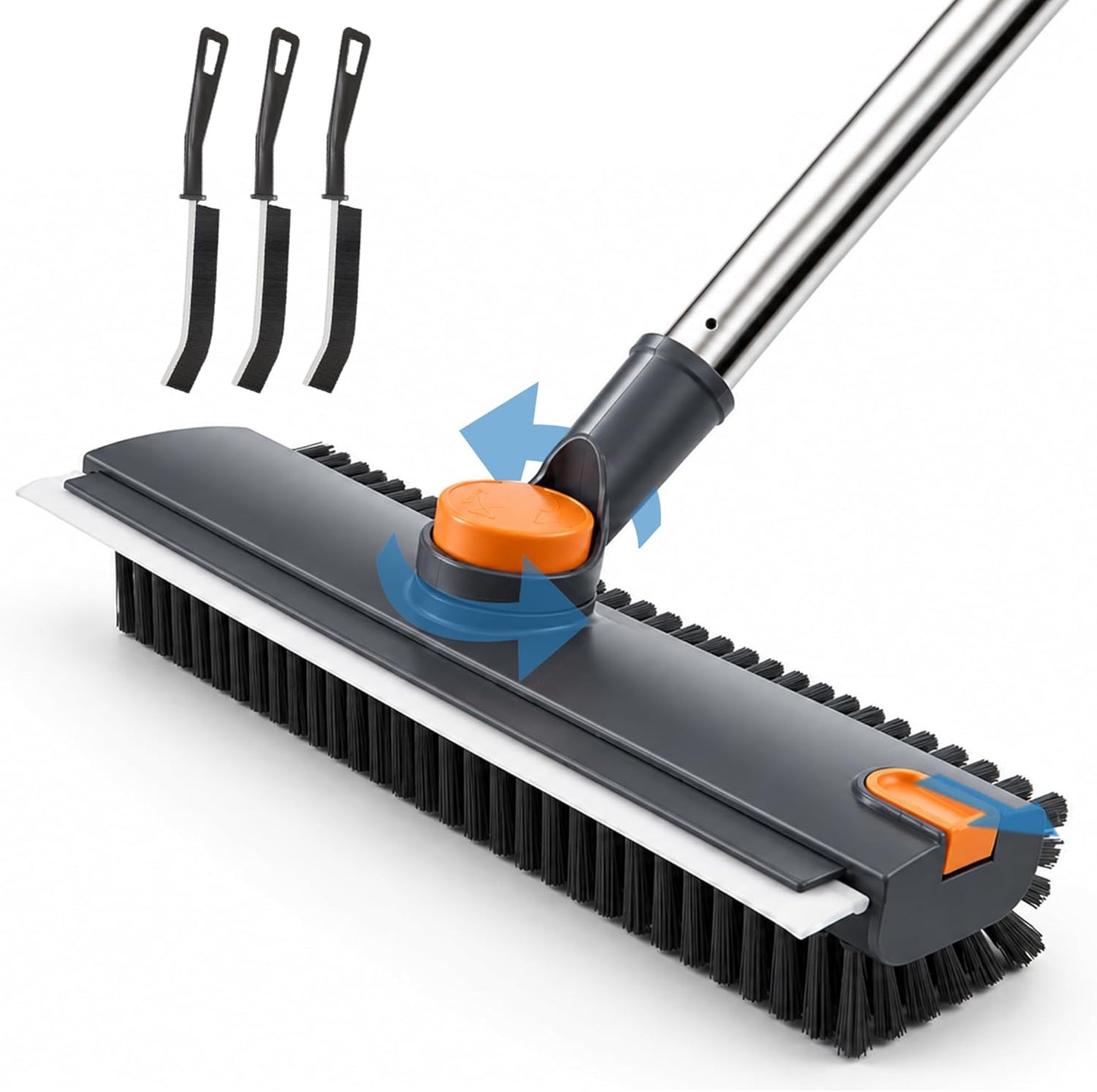 Floor Scrub Brush with Long Handle, 3 in 1 Floor Scrubber, Heavy Duty Stiff Bristle Squeegee Broom for Cleaning Shower Bathroom, Tile, Patio, Pool, Garage, Kitchen and Deck, Grey