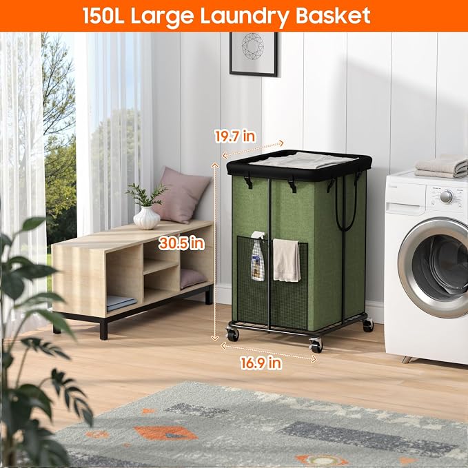150L Laundry Hamper with Wheels, Rolling Laundry Basket with Metal Frame and - Image 2