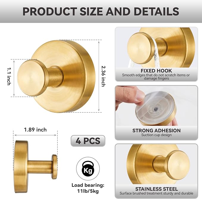 4 PCS Suction Cup Hooks for Shower, Stainless Steel No Drill Suction Towel Hooks - Image 2
