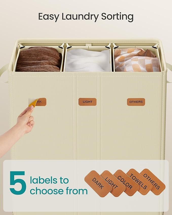 SONGMICS 42.2 Gallon Laundry Hamper, 3-Compartment Laundry Basket Sorter - Image 4