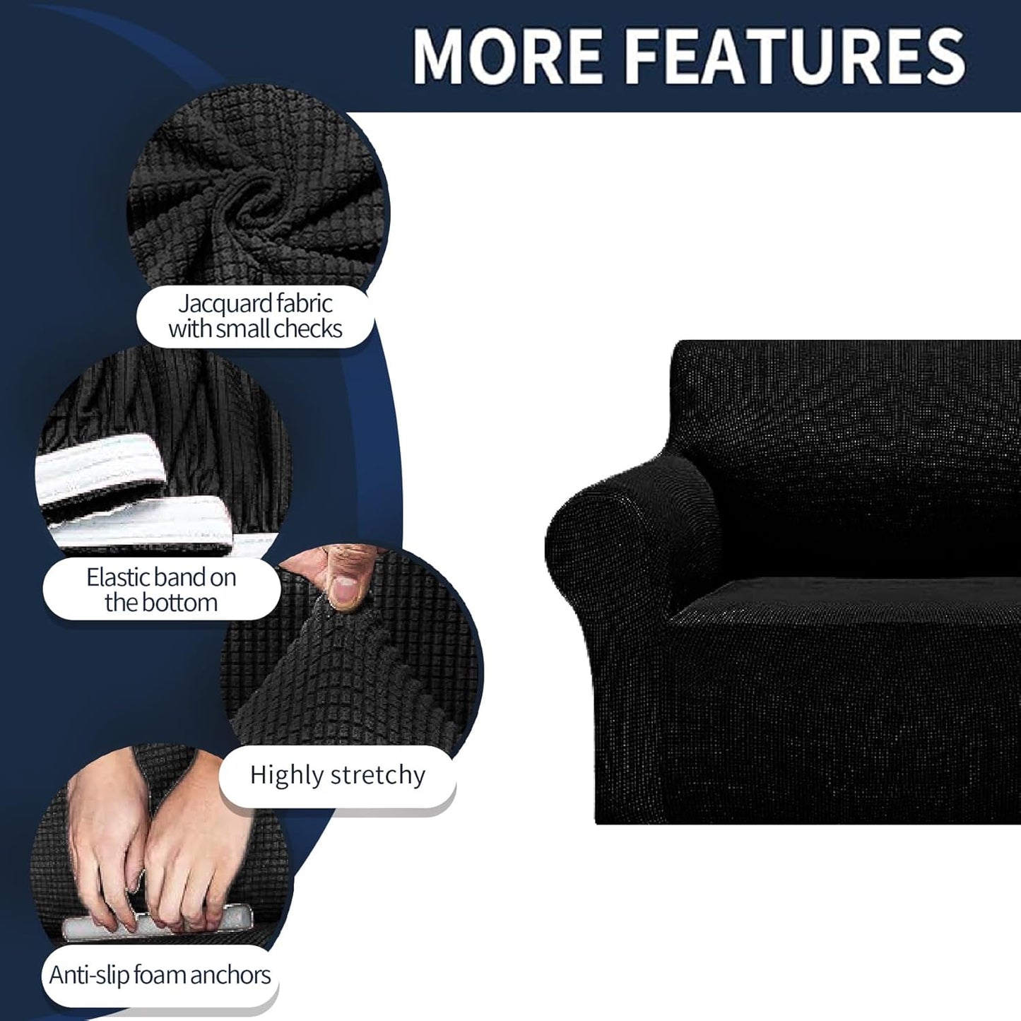 Cupuamon 2026 New Stretch Sofa Slipcovers Couch Cover for 3 Cushion Furniture Protector Sofa Covers with Elastic Bottom Jacquard Fabric Small Checks for Pets, Kids -Sofa, Black