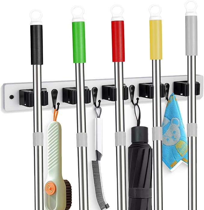 Broom Holder Wall Mount With 5 Slots & 4 Hooks，Rustic Wood Broom & Mop - Image 8