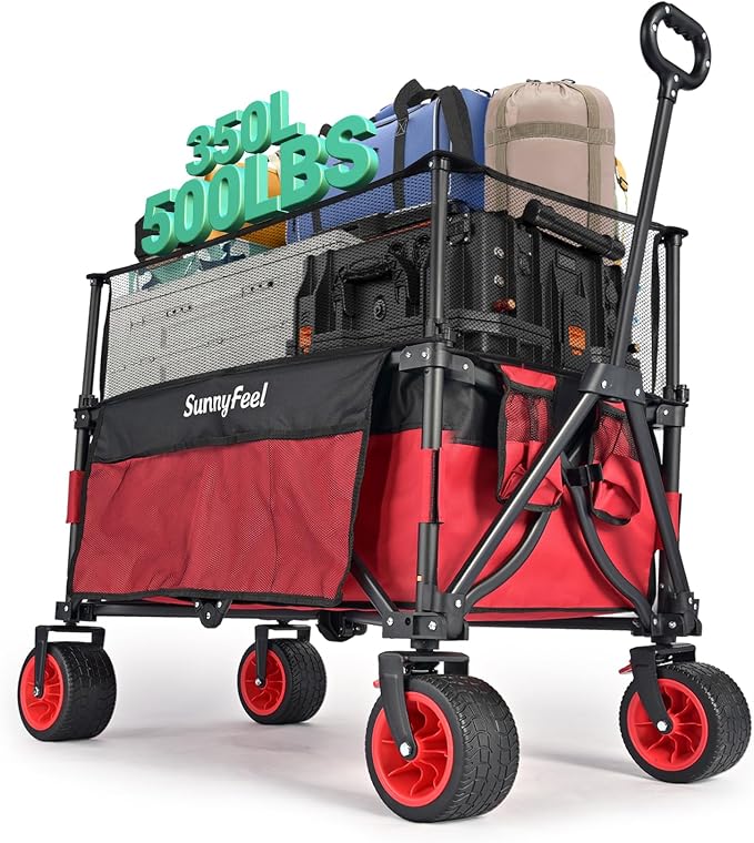 SUNNYFEEL Heavy Duty Collapsible Outdoor Utility Wagon Cart 500LB Capacity by SunnyFeelCamping