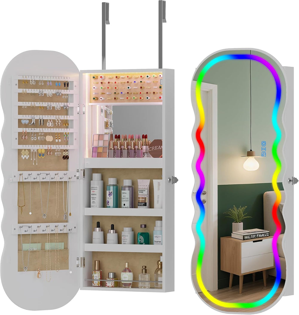 HNEBC LED Mirror Jewelry Cabinet with RGB Lights,42.5" Wall Mounted Jewe...