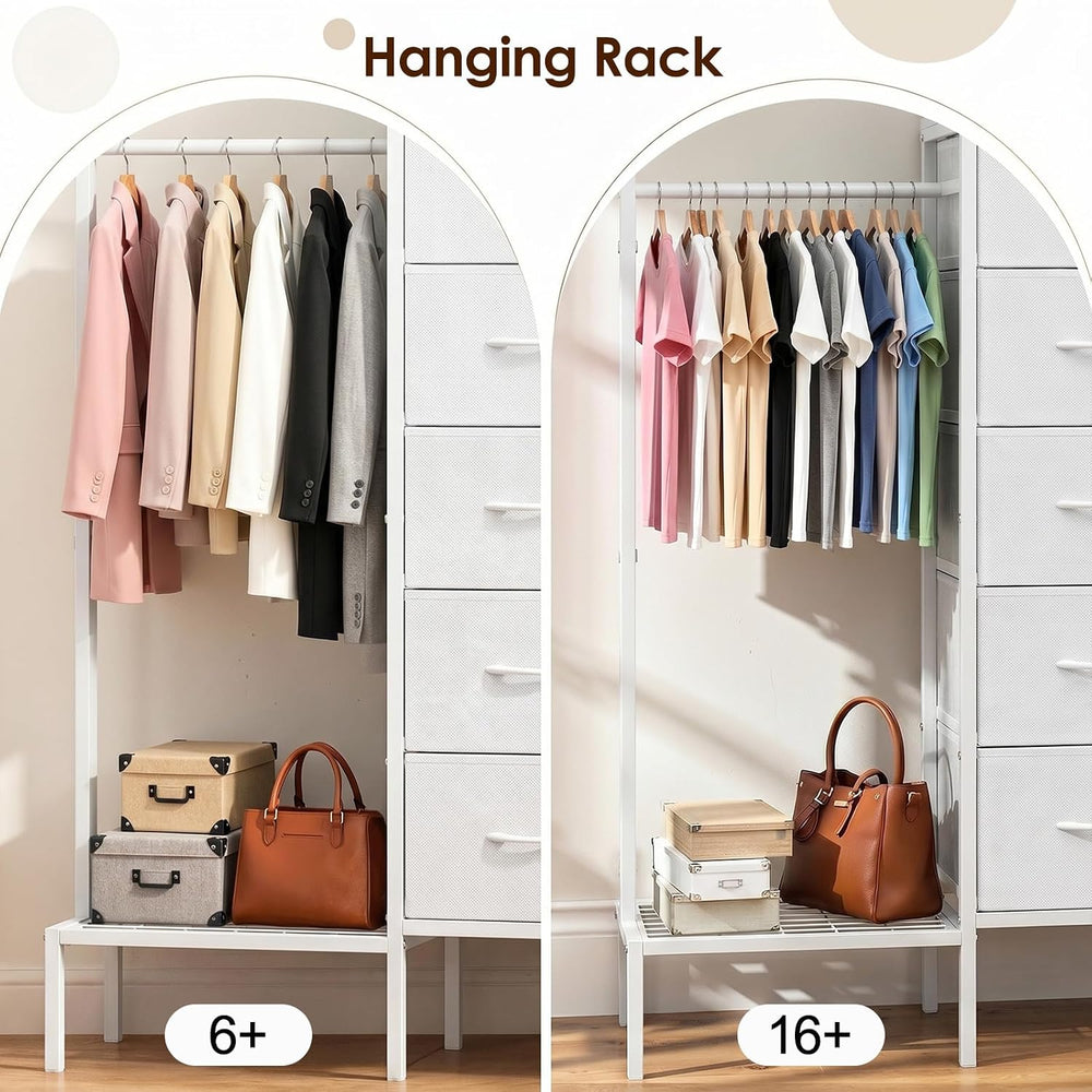 Lewondr Dresser with Hanging Rack and Storage Drawers, White