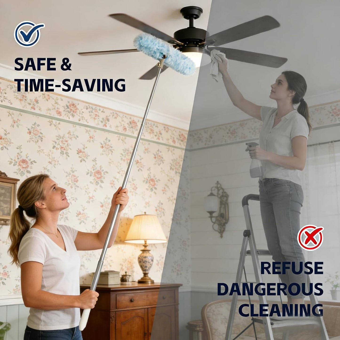 6 ft Extendable Handle with 20 Duster Refills, Heavy Duty Duster Refills Kit Compatible with Swiffer for Ceiling Fan Blades, Cleaning, Dusting, Furniture, Blind, Hard-to-Reach Areas