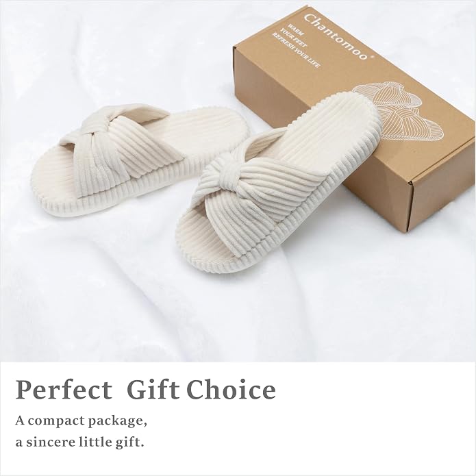 Chantomoo Slippers for Women Memory Foam House Bedroom Corduroy Bow Crossbands - Image 4