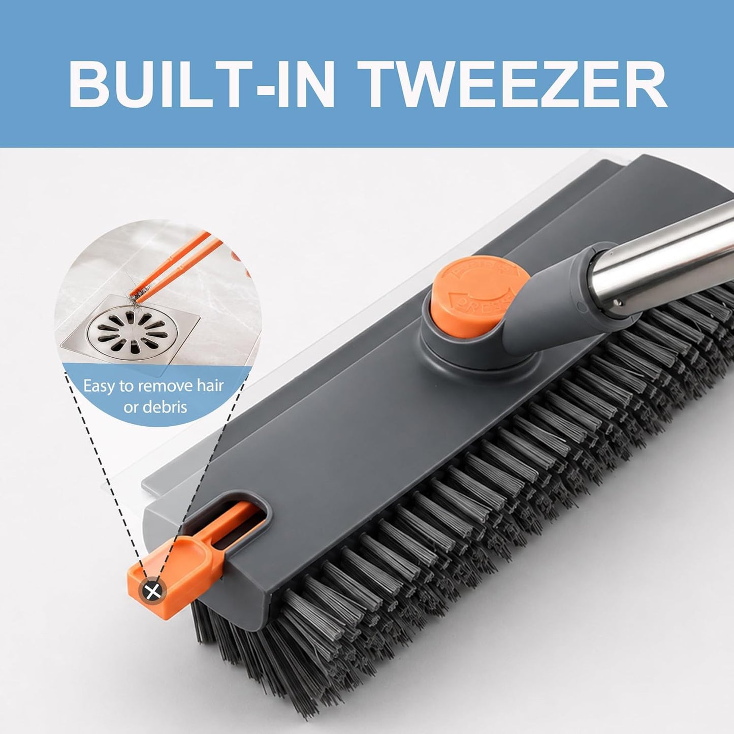 Floor Scrub Brush with Long Handle, 3 in 1 Floor Scrubber, Heavy Duty Stiff Bristle Squeegee Broom for Cleaning Shower Bathroom, Tile, Patio, Pool, Garage, Kitchen and Deck, Grey