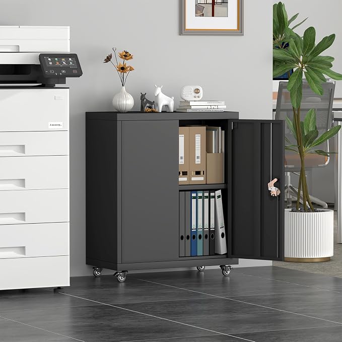 Metal Cabinet with Wheels, Steel Cabine with Locking Doors, Small Cabinet with