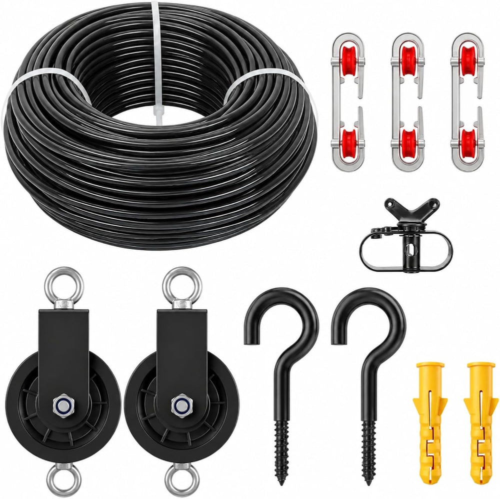 Hicarer Outdoor Clothesline Kit, Heavy Duty Black Clothes Line Pulley Kit