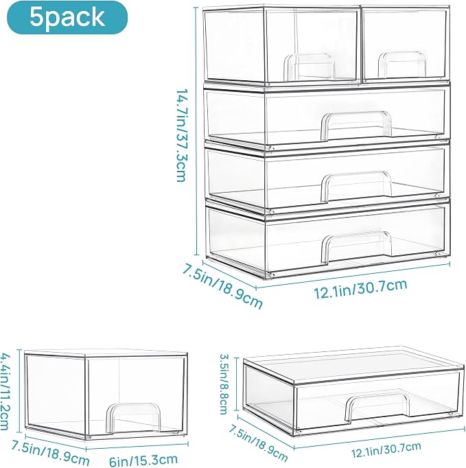 Vtopmart Clear Stackable Storage Drawers Set of 5, Plastic Organizer Bins - Image 3