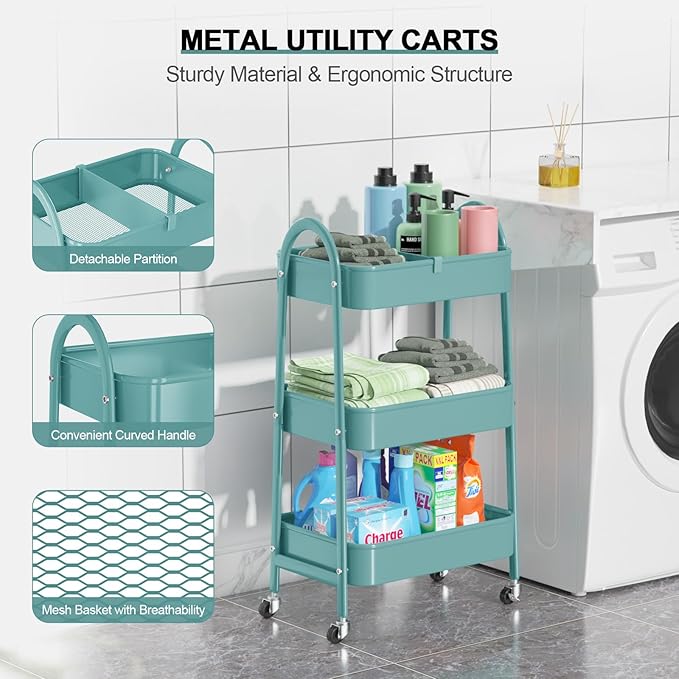 EAGMAK 3 Tier Utility Rolling Cart, Metal Storage Cart - Image 2