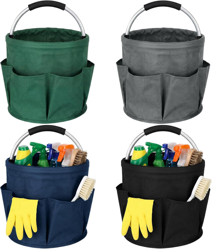 LemonRoad 4 Pack Cleaning Caddy with Handle 17L Foldable Cleaning Supplies Organizer Oxford Cloth Storage Basket with 6 Pockets Portable Multi Bucket Bag for Home Garden(Black,Gray,Navy Blue,Green)